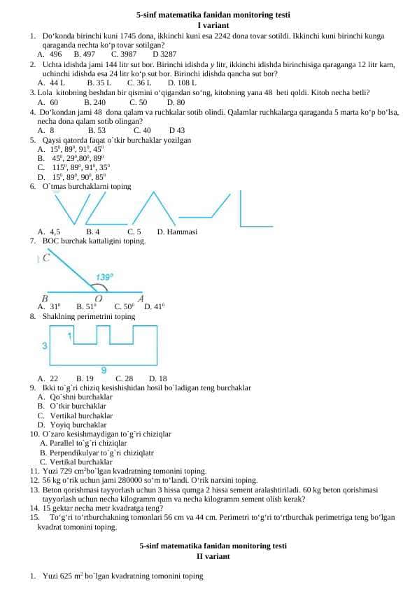 5-sinf matematika fanidan monitoring testi