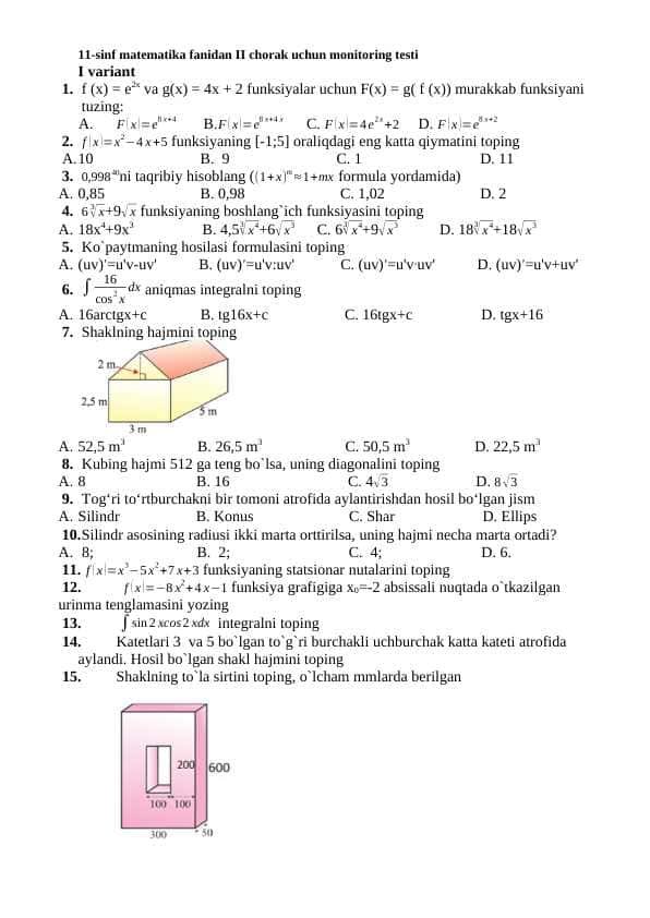 11-sinf matematika fanidan II chorak uchun monitoring testi