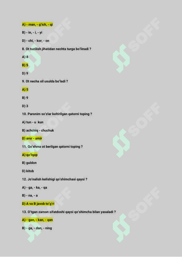 Adabiyot va Ona tili fanidan | Test savollari javoblari bilan | 25 ta test 2