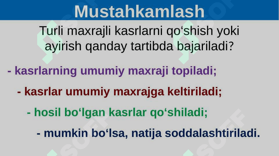 Algebraik kasrlarni qo'shish va ayirish mavzusida misollar yechish 2