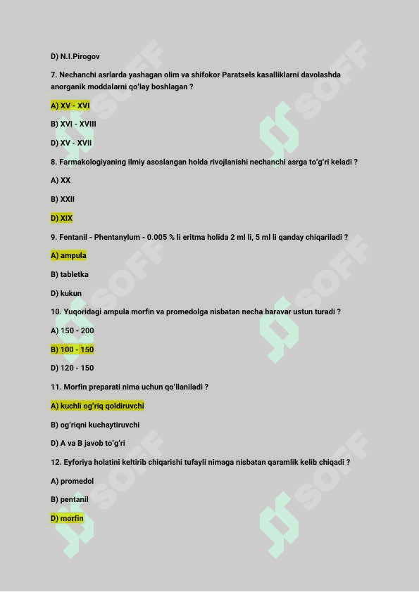 Tibbiyot | Farmakologiya | test savollari javoblari bilan | 28 ta test 2