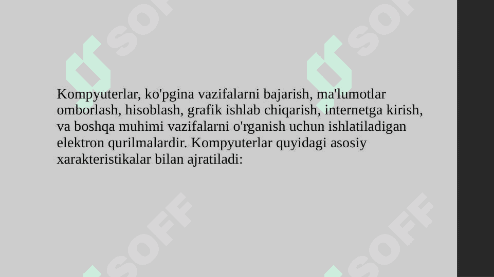Kompyuter, ularning asosiy xarakteristikalari, tuzilishi va foydalanish sohalari. 2