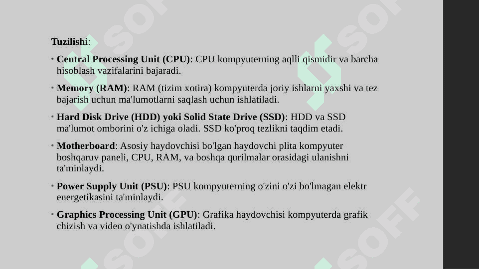 Kompyuter, ularning asosiy xarakteristikalari, tuzilishi va foydalanish sohalari. 4