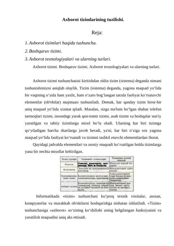Axborot tizimlarining tuzilishi. 1