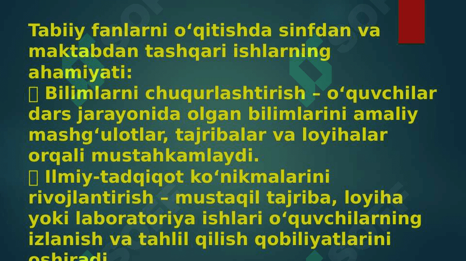 Tabiiy fanlar nazariyasi va metodikasini o'qitishda sinfdan va maktabdan tashqari ishlar. Tabiiy fanlar nazariyasi va metodikasini o'qitishda sinfdan va maktabdan tashqari ishlarning ahamiyati 3