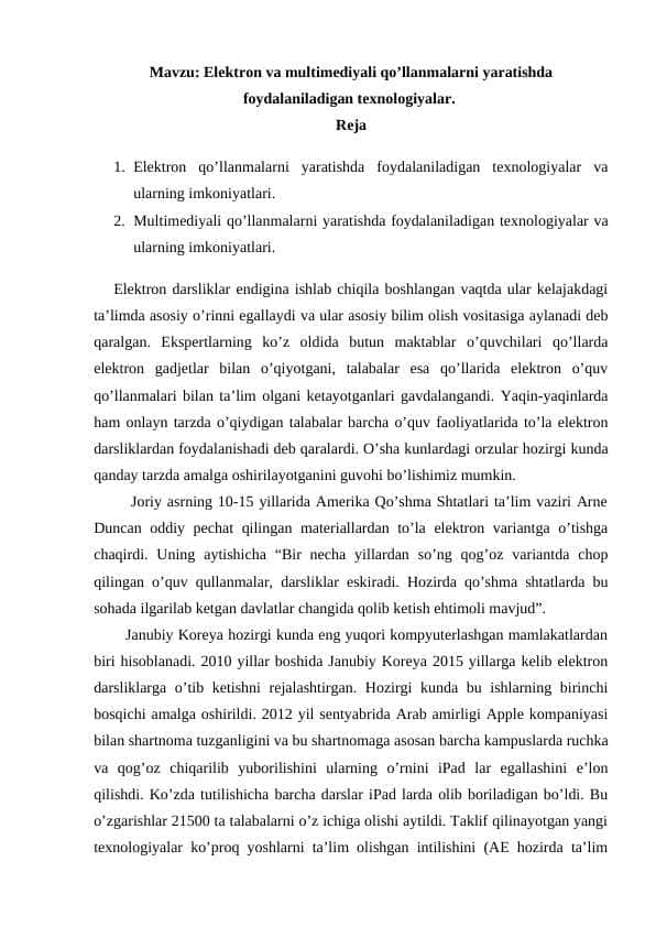 Elektron va multimediyali qo’llanmalarni yaratishda foydalaniladigan texnologiyalar. 1