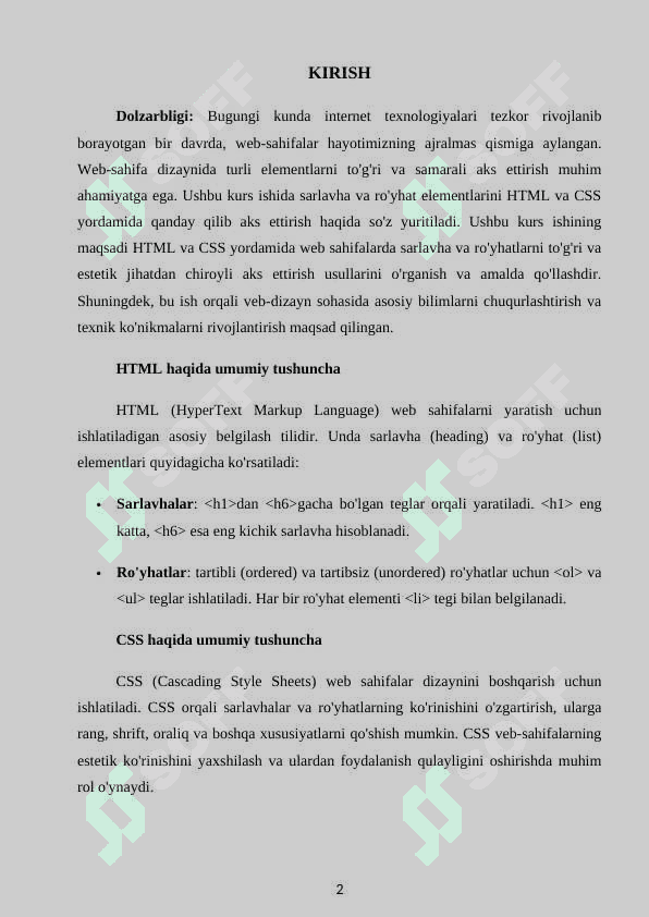 Web sahifada sarlavha va ro'yhatlarni aks ettirish 2