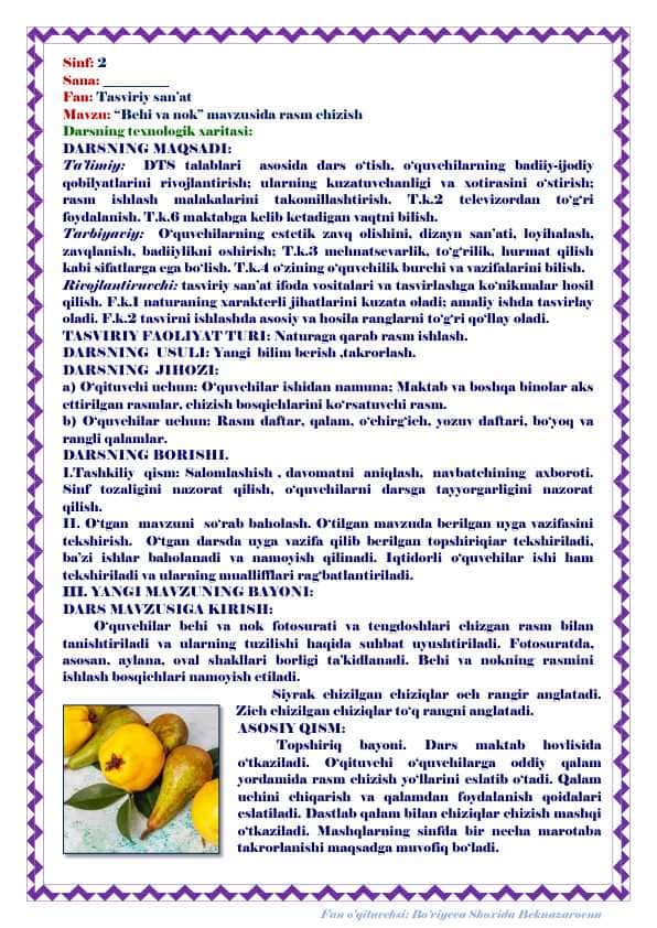 DARS ISHLANMA_2-SINF_6-mavzu: Behi va nok‖ mavzusida rasm chizish