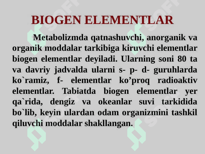 Tibbiy kimyoga kirish. Kimyo va atrof muhit. Biogen elementlar 6