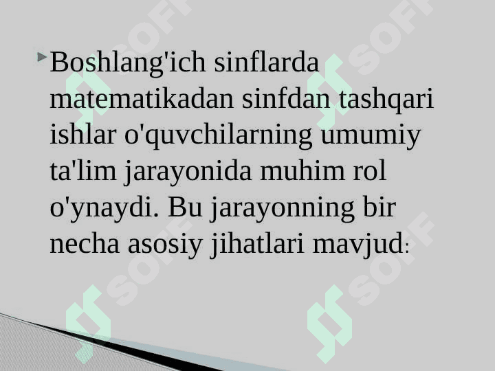 Boshlang’ich sinflarda matematikadan sinfdan tashqari ishlar faniga kirish.Boshlang’ich sinflarda matematikadan sinfdan tashqari ishlarni tashkil etishning maqsad va vazifalari.Boshlang’ich sinfda matematikadan sinfdan tashqari ishni tashkil qilish turlari. 3