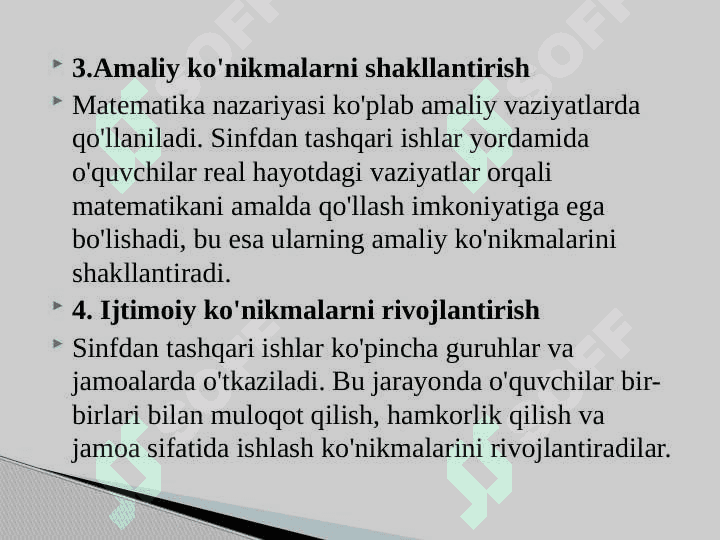 Boshlang’ich sinflarda matematikadan sinfdan tashqari ishlar faniga kirish.Boshlang’ich sinflarda matematikadan sinfdan tashqari ishlarni tashkil etishning maqsad va vazifalari.Boshlang’ich sinfda matematikadan sinfdan tashqari ishni tashkil qilish turlari. 5