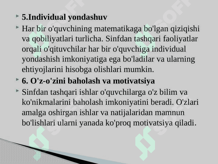Boshlang’ich sinflarda matematikadan sinfdan tashqari ishlar faniga kirish.Boshlang’ich sinflarda matematikadan sinfdan tashqari ishlarni tashkil etishning maqsad va vazifalari.Boshlang’ich sinfda matematikadan sinfdan tashqari ishni tashkil qilish turlari. 6