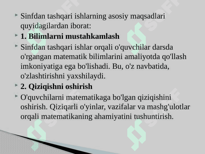 Boshlang’ich sinflarda matematikadan sinfdan tashqari ishlar faniga kirish.Boshlang’ich sinflarda matematikadan sinfdan tashqari ishlarni tashkil etishning maqsad va vazifalari.Boshlang’ich sinfda matematikadan sinfdan tashqari ishni tashkil qilish turlari. 7