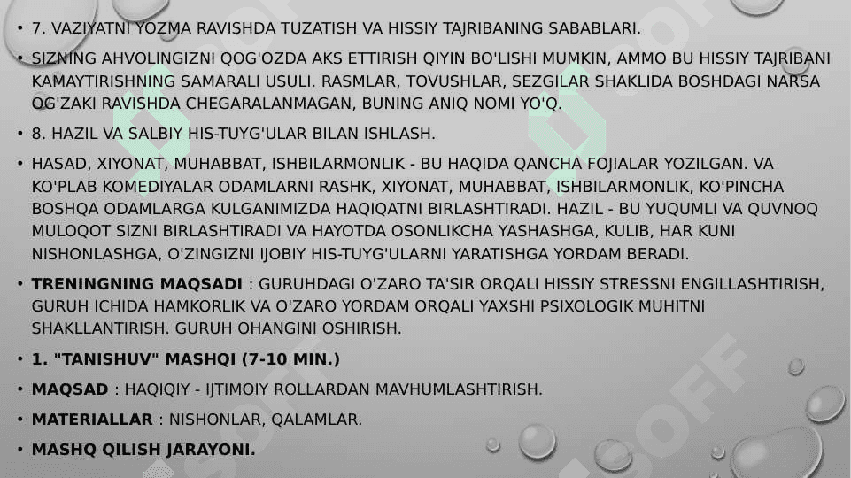 Stresni boshqarish va uning oldini olish boʻyicha trening mashgʻuloti 7