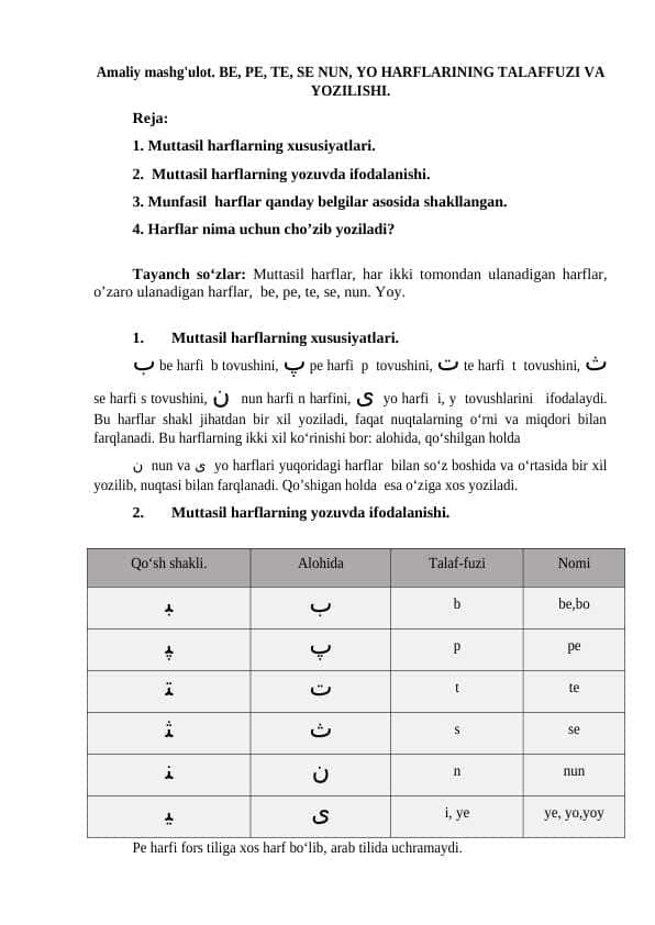 BE, PE, TE, SE NUN, YO HARFLARINING TALAFFUZI VA YOZILISHI