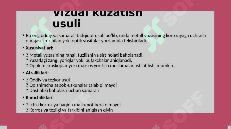 Metall korroziyasining tadqiqot qilish usullarkimyo 4