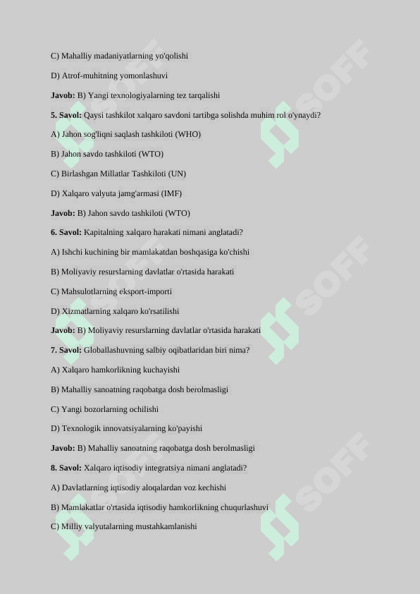 Mavzu: Globallashuv sharoitida jahon iqtisodiyotining rivojlanish tendentsiyalari. 30 TEST JAVOBLARI BILAN 2