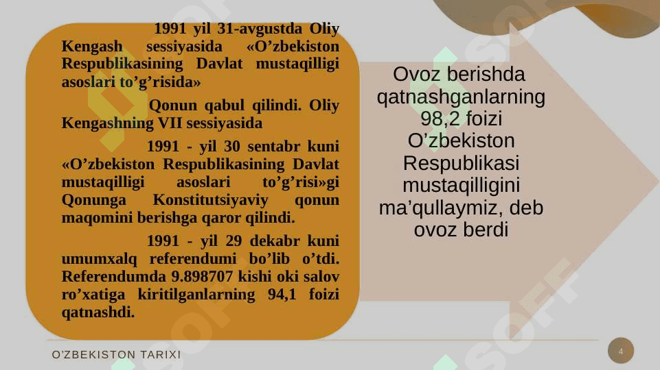 O‘zbekistonda demokratik, fuqorolik jamiyati asoslarining shakllanishi, amalga oshirilgan siyosiy islohotlar. 4