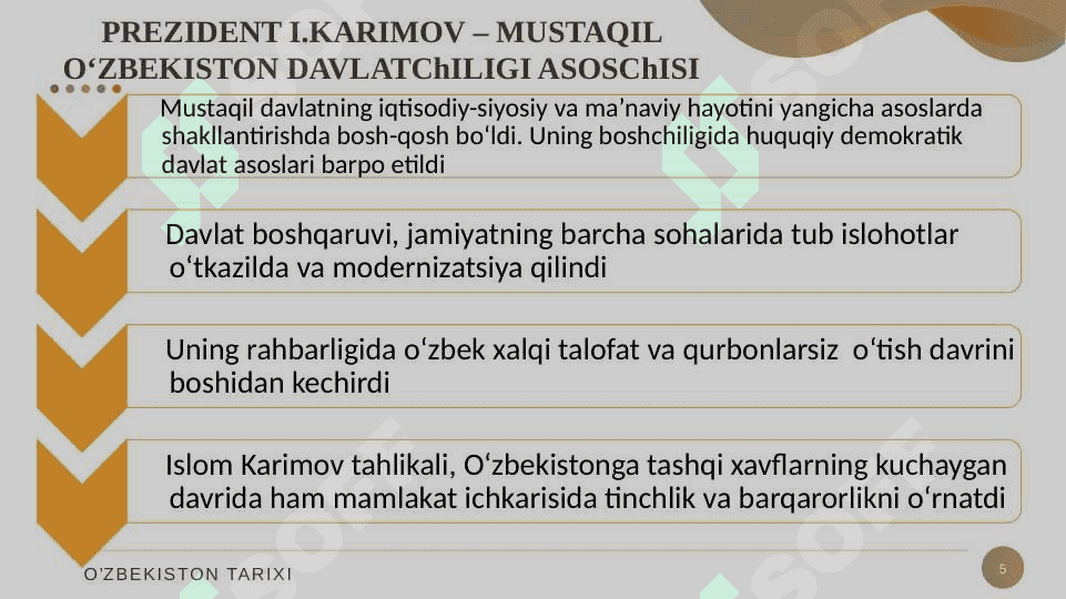 O‘zbekistonda demokratik, fuqorolik jamiyati asoslarining shakllanishi, amalga oshirilgan siyosiy islohotlar. 5