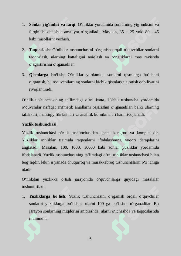 O‘nlik va Yuzlik mavzusida misol va masalalar yechishga o‘rgatish metodikasi 5