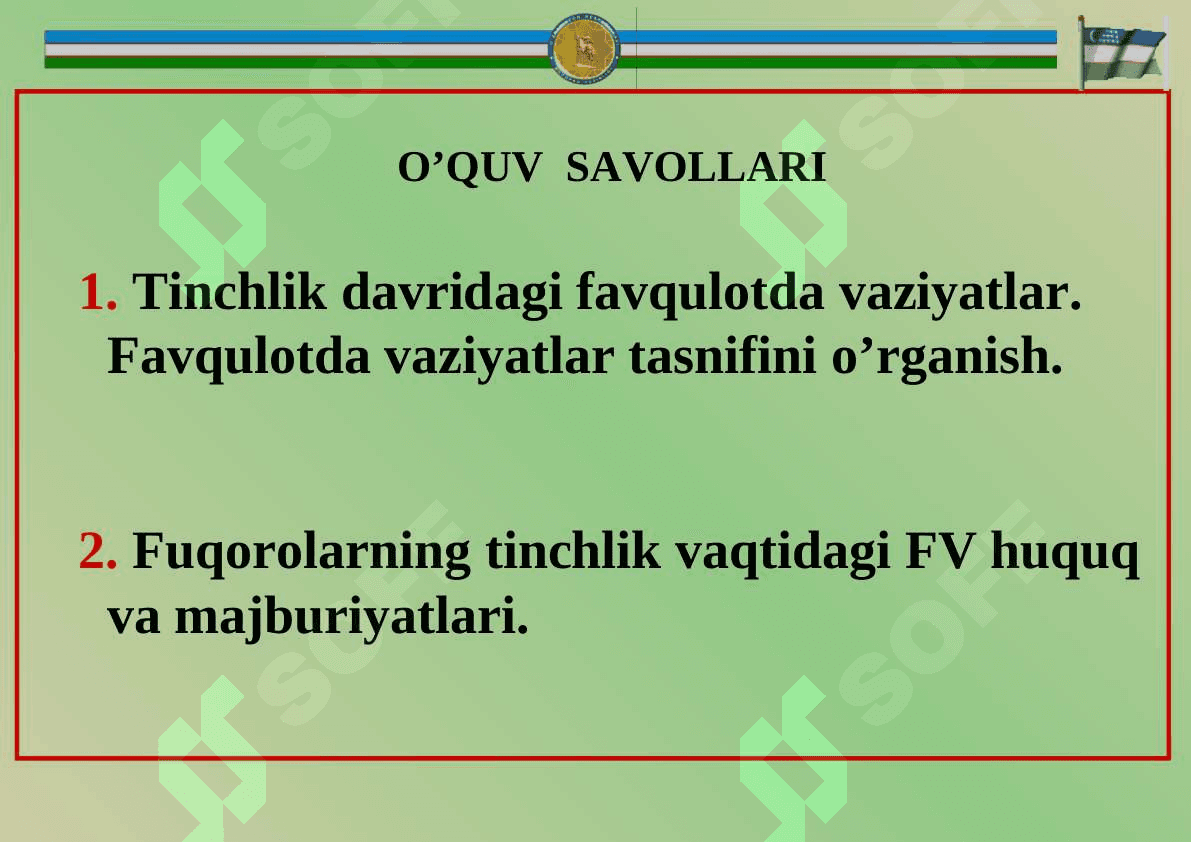 «TINCHLIK VA HARBIY HARAKATLAR OLIB BORISh DAVRIDA FV FUQARO MUXOFAZASI». 2