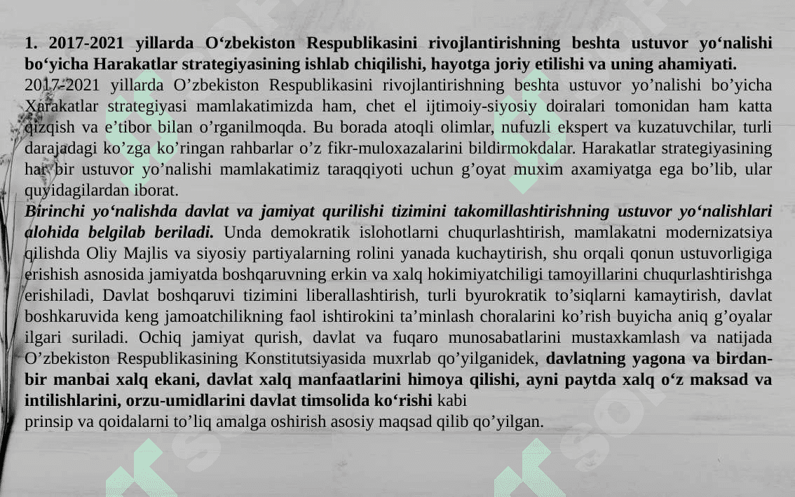O‘ZBEKISTON RESPUBLIKASI PREZIDENTI SHAVKAT MIRZIYOYEV RAHBARLIGIDA YANGILANAYOTGAN O‘ZBEKISTON: MILLIY TIKLANISHDAN – MILLIY YUKSALISH SARI 2