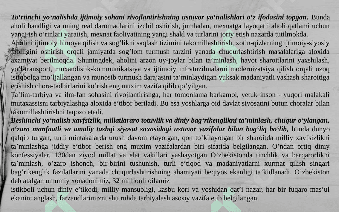 O‘ZBEKISTON RESPUBLIKASI PREZIDENTI SHAVKAT MIRZIYOYEV RAHBARLIGIDA YANGILANAYOTGAN O‘ZBEKISTON: MILLIY TIKLANISHDAN – MILLIY YUKSALISH SARI 5