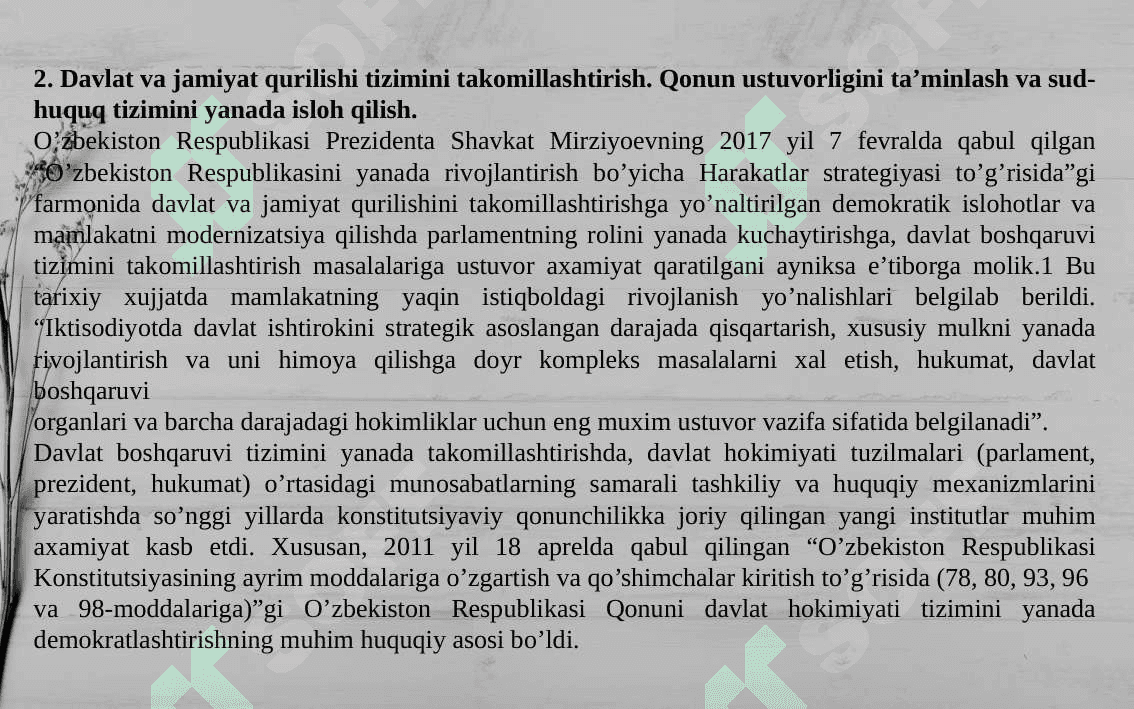 O‘ZBEKISTON RESPUBLIKASI PREZIDENTI SHAVKAT MIRZIYOYEV RAHBARLIGIDA YANGILANAYOTGAN O‘ZBEKISTON: MILLIY TIKLANISHDAN – MILLIY YUKSALISH SARI 7