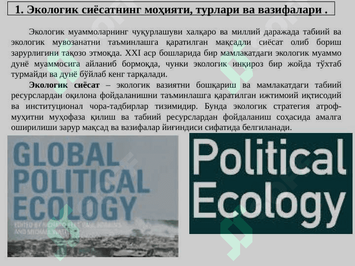 Экологик сиёсат ва уни амалга оширишнинг иқтисодий механизми ззеч 2