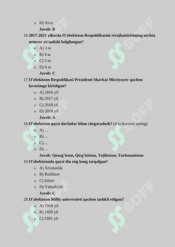 O'zbekistonning eng yangi tarixi fanidan 50 talik test 4