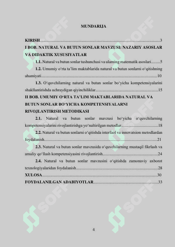UMUMIY O‘RTA TA'LIM MAKTABLARIDA NATURAL VA BUTUN SONLAR  MAVZULARI BO‘YICHA KOMPETENSIYALARNI RIVOJLANTIRISH  METODIKASI 4