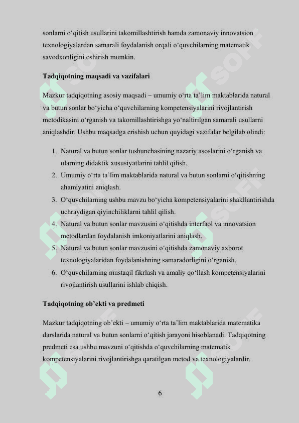 UMUMIY O‘RTA TA'LIM MAKTABLARIDA NATURAL VA BUTUN SONLAR  MAVZULARI BO‘YICHA KOMPETENSIYALARNI RIVOJLANTIRISH  METODIKASI 6