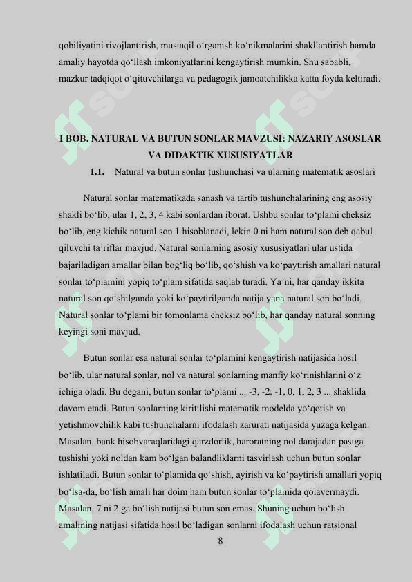UMUMIY O‘RTA TA'LIM MAKTABLARIDA NATURAL VA BUTUN SONLAR  MAVZULARI BO‘YICHA KOMPETENSIYALARNI RIVOJLANTIRISH  METODIKASI 8