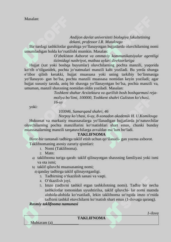 XIZMAT YOZISHMALARI (MANZIL, TAKLIFNOMA, TELEGRAMMA VA TELEFONOGRAMMA). XAT VA UNING TURLARI 5
