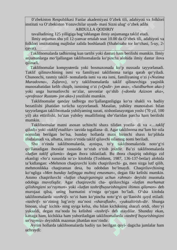 XIZMAT YOZISHMALARI (MANZIL, TAKLIFNOMA, TELEGRAMMA VA TELEFONOGRAMMA). XAT VA UNING TURLARI 6