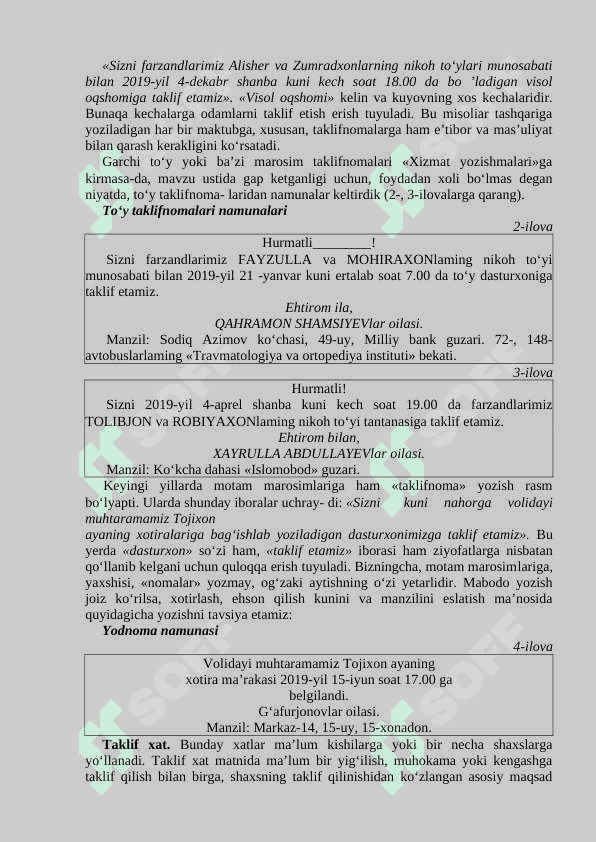 XIZMAT YOZISHMALARI (MANZIL, TAKLIFNOMA, TELEGRAMMA VA TELEFONOGRAMMA). XAT VA UNING TURLARI 7