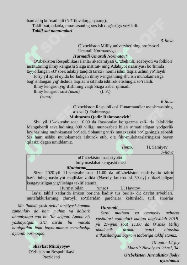 XIZMAT YOZISHMALARI (MANZIL, TAKLIFNOMA, TELEGRAMMA VA TELEFONOGRAMMA). XAT VA UNING TURLARI 8
