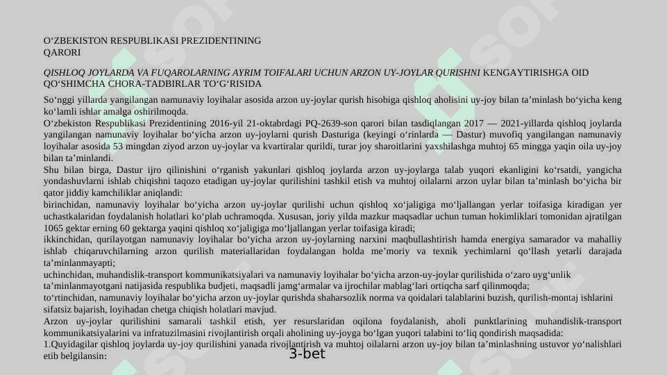 Aholini arzon uy-joylar, yo‘l transport, muxandislik-kommunikatsiya va ijtimoiy infratuzilma sohalarining isloh qilinishi 3