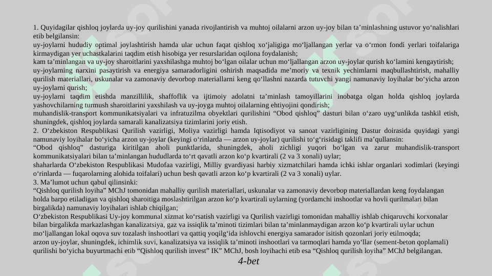Aholini arzon uy-joylar, yo‘l transport, muxandislik-kommunikatsiya va ijtimoiy infratuzilma sohalarining isloh qilinishi 4