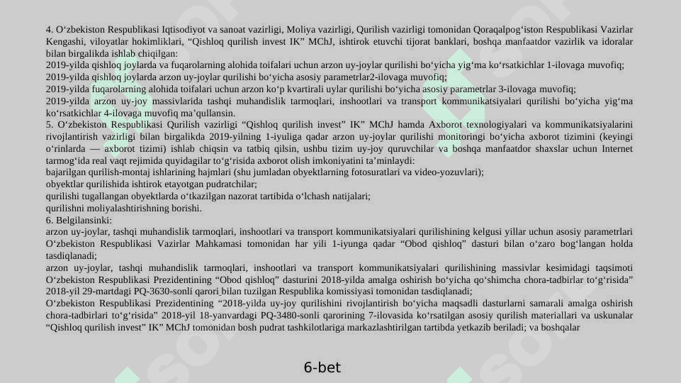 Aholini arzon uy-joylar, yo‘l transport, muxandislik-kommunikatsiya va ijtimoiy infratuzilma sohalarining isloh qilinishi 6