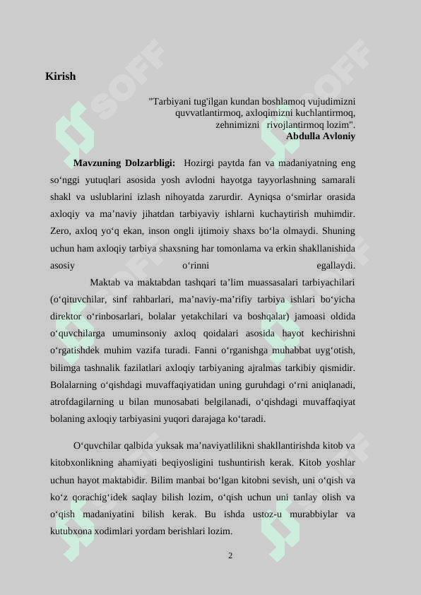 Boshlang’ich sinflarda tarbiya jarayonining moxiyati va mazmuni kurs ishi 2