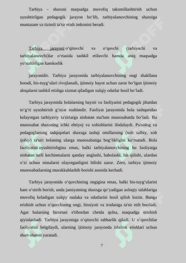 Boshlang’ich sinflarda tarbiya jarayonining moxiyati va mazmuni kurs ishi 7