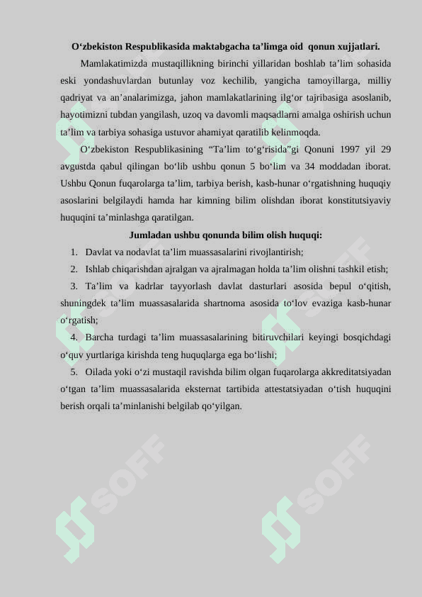 O'zbekiston Respublikasining maktabgacha ta'lim sohasiga oid me'yoriy huquqiy hujjatlari 2