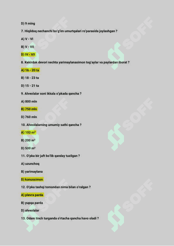 Odam va uning salomatligi / 8-sinf uchun / test savollari javoblari bilan / 25 ta test 2