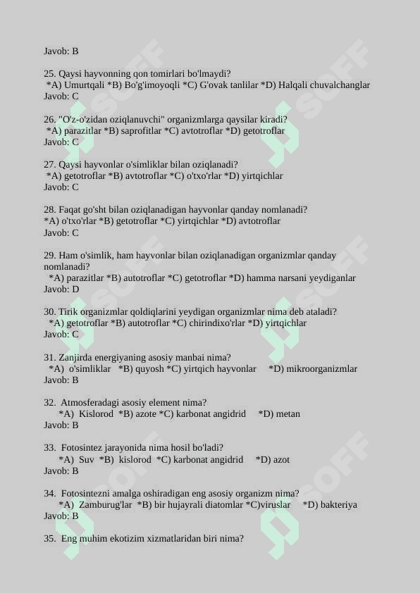 BIOLOGIYA FANIDAN 100TA TEST 4