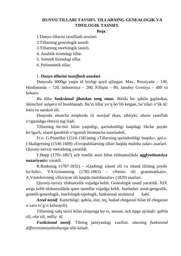 DUNYO TILLARI TAVSIFI. TILLARNING GENEALOGIK VA TIPOLOGIK TASNIFI 1
