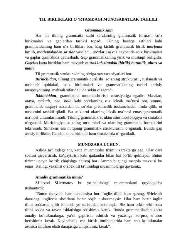 TIL BIRLIKLARI O ‘RTASIDAGI MUNOSABATLAR TAHLILI