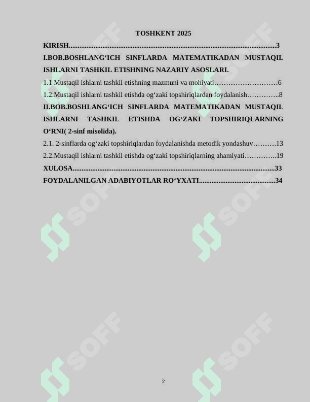 Boshlang'ich sinflarda matematikadan mustaqil ish 2