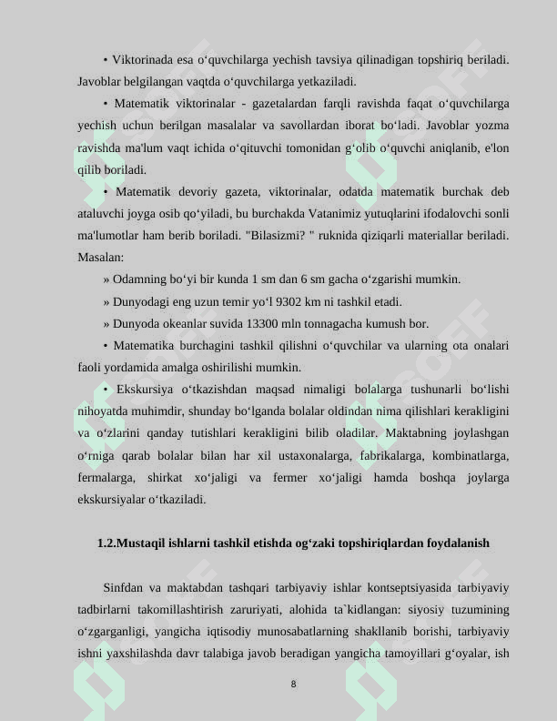 Boshlang'ich sinflarda matematikadan mustaqil ish 8