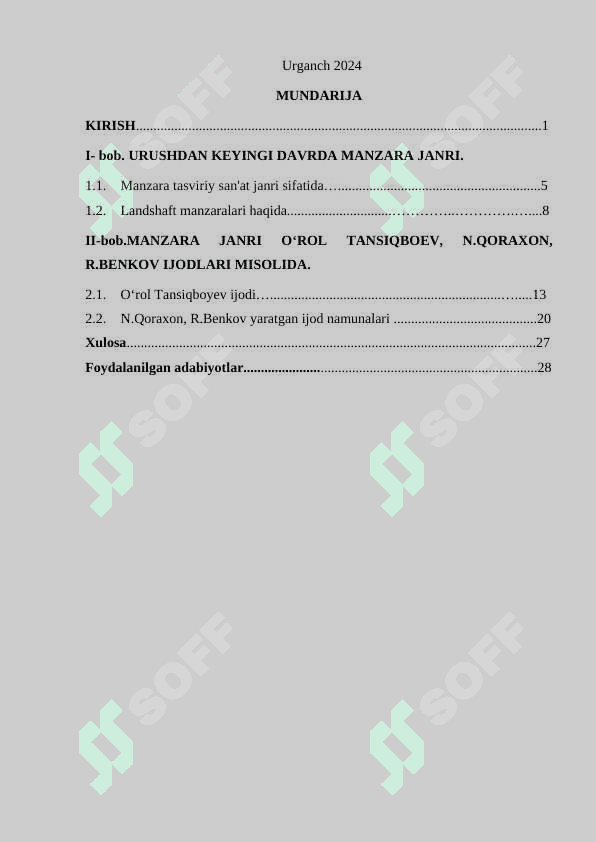 Urushdan keyingi davrda manzara janri. (O‘rol Tansiqboev, N.Qoraxon, R.Benkov ijodlari misolida)” 2